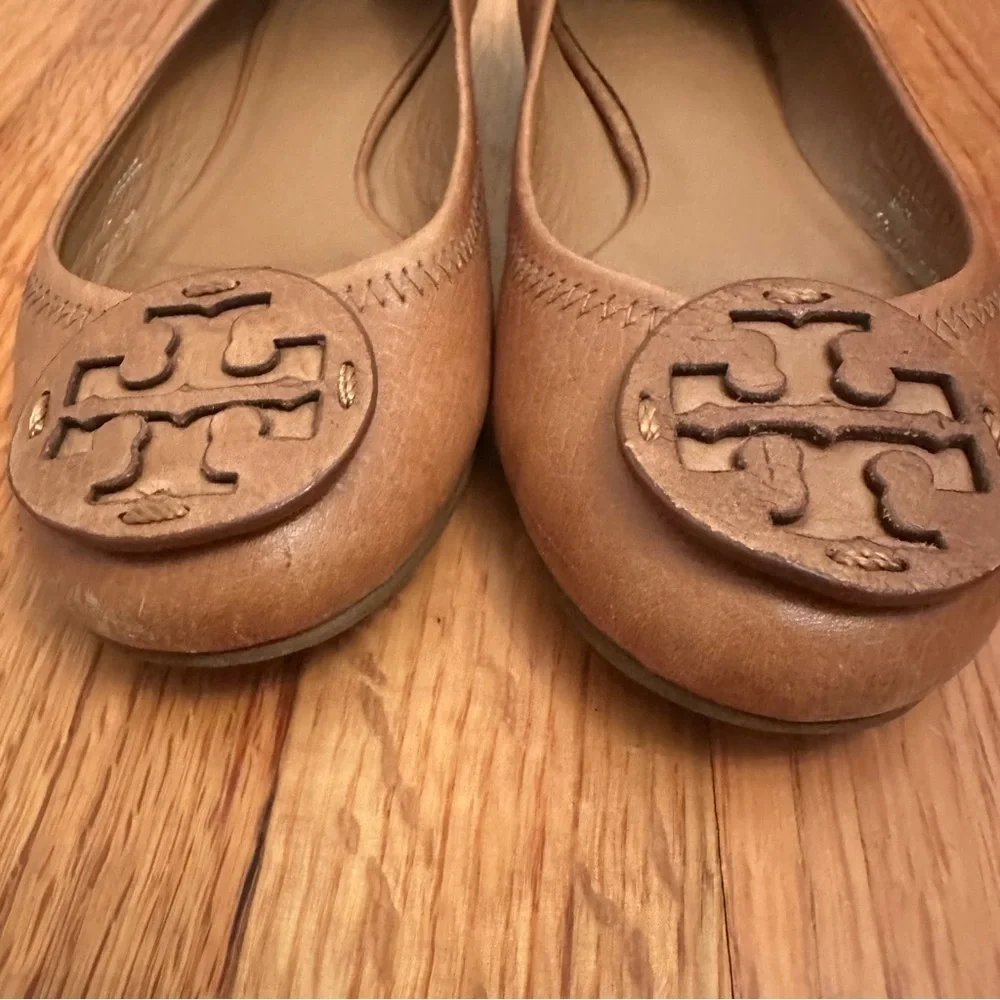 TORY BURCH REVA Ballet Flat Royal Tan Leather Size 5 Preppy Classic